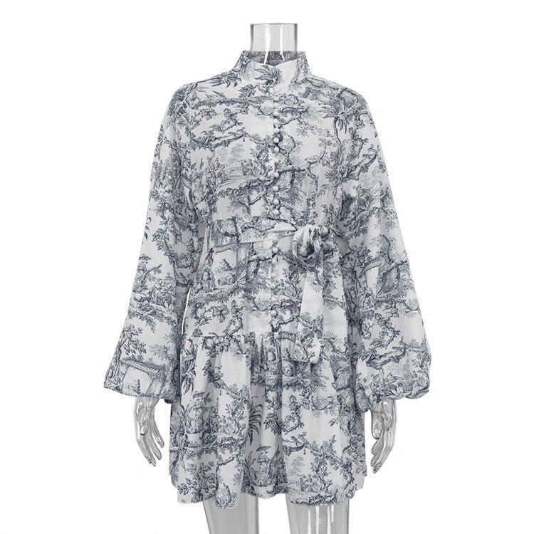Stylish Ink Print A-Line Dress with Puffy Sleeves