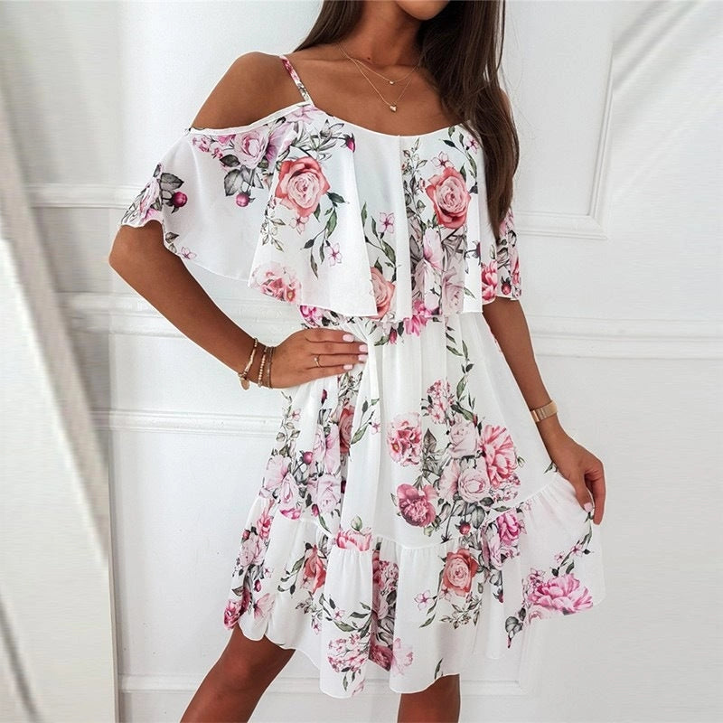 Flower Printed Ruffled Suspender Dress with Off-the-Shoulder Strap