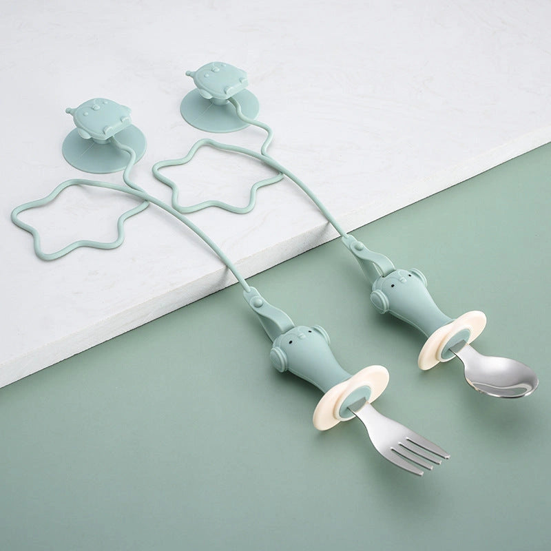 Stainless Steel Infant Training Spoon and Fork Set with Silicone Anti-Drop Chain
