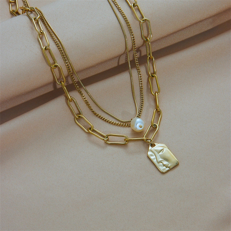 Layered Face Portrait Chain Choker Necklace Set with Pearls for Women