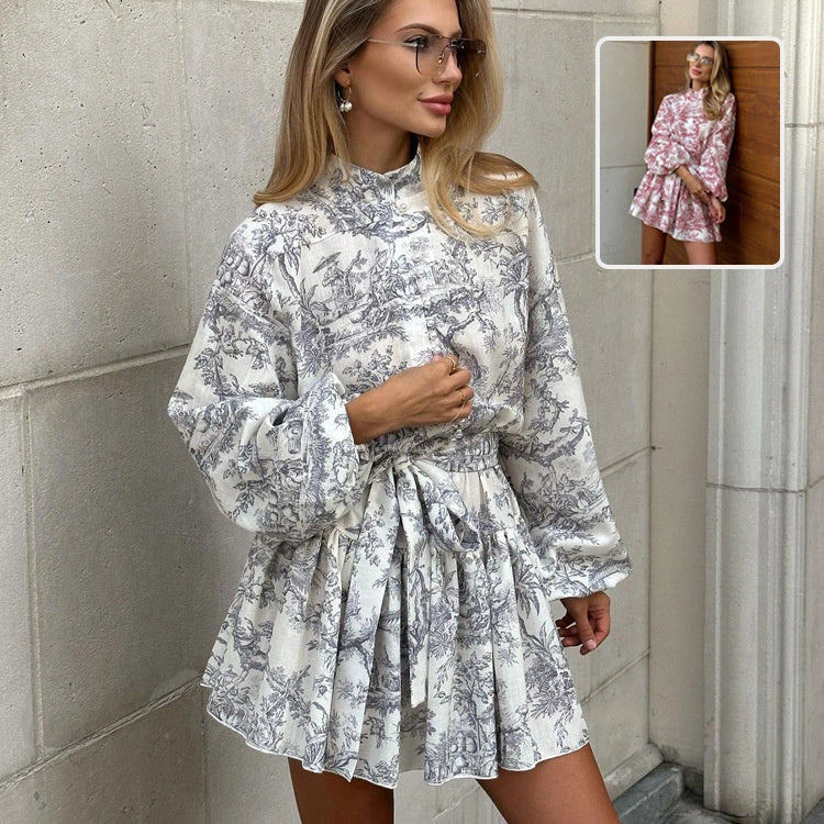 Stylish Ink Print A-Line Dress with Puffy Sleeves