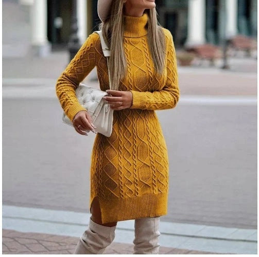 Stylish Turtleneck Knitted Dress with Slit, Winter Warmth