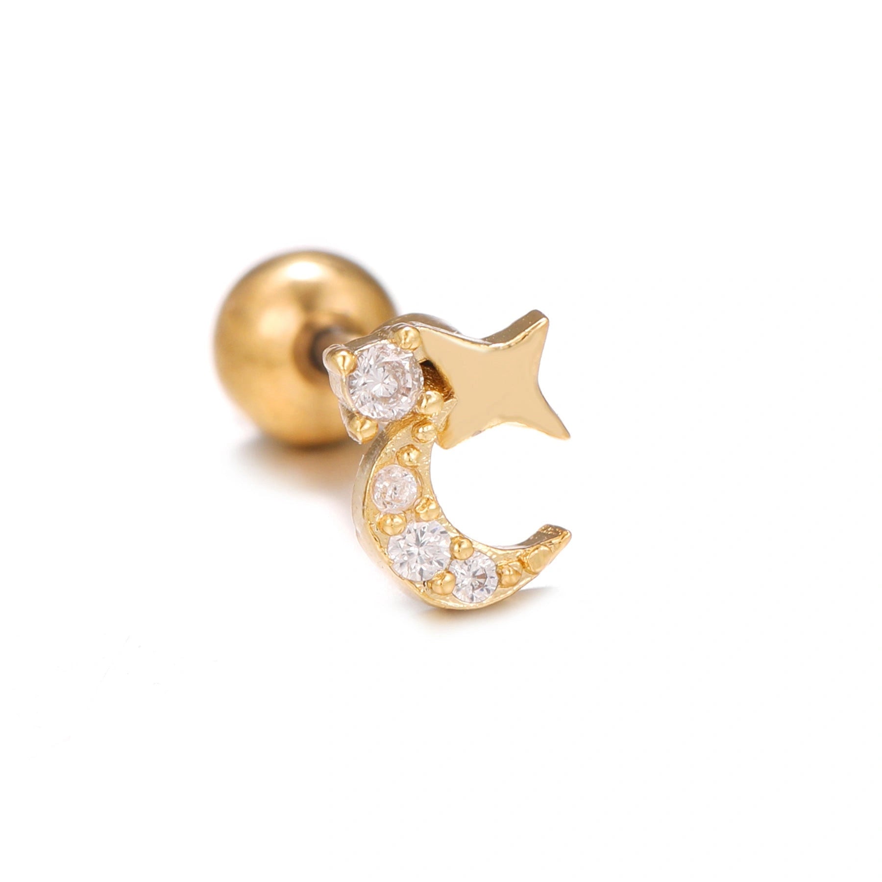 Star and Moon Cubic Zirconia Stainless Steel Cartilage Earring