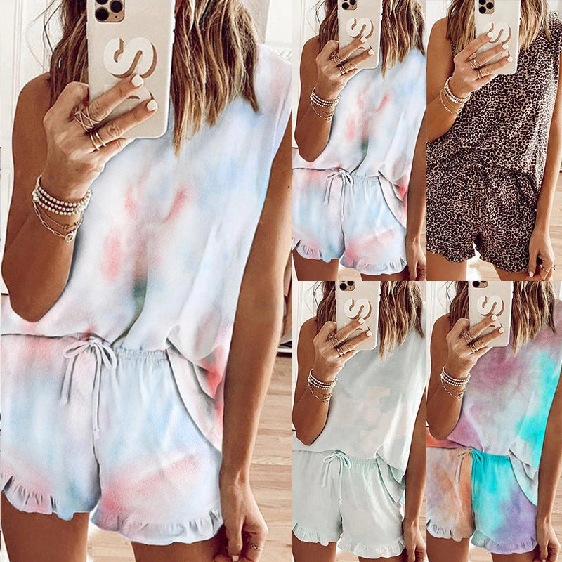 Sleeveless Round Neck Print Tie-Dye Suit with Street Style