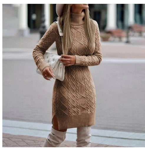 Stylish Turtleneck Knitted Dress with Slit, Winter Warmth