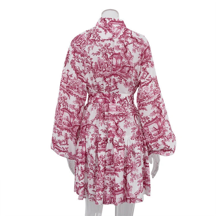 Stylish Ink Print A-Line Dress with Puffy Sleeves