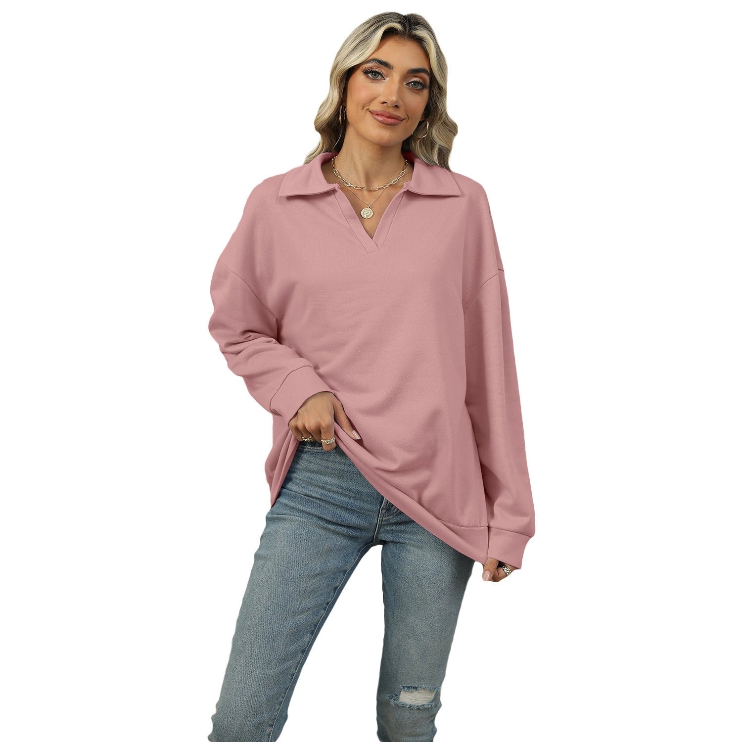 Lapel V-neck Sweatshirt for Women with Long Sleeves and Solid Colours