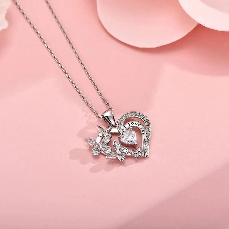 Butterfly Love Necklace with Rhinestones and Hollow Heart-shaped Pendant