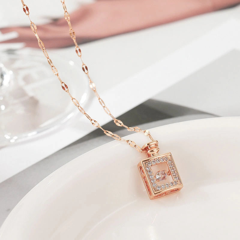 Valentine's Day Titanium Steel Perfume Bottle Pendant Necklace with Zircon Detail