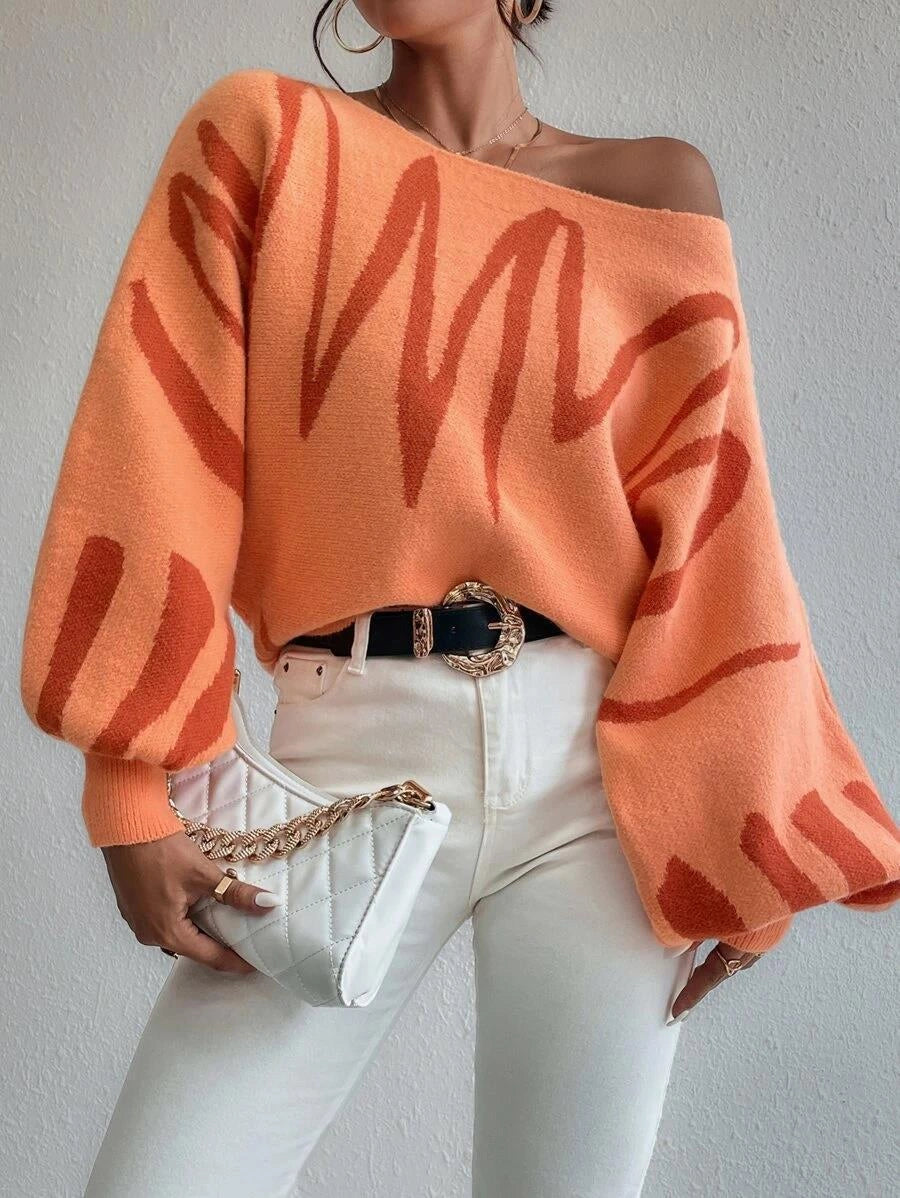 Lantern-sleeved pullover sweater with printed design for women