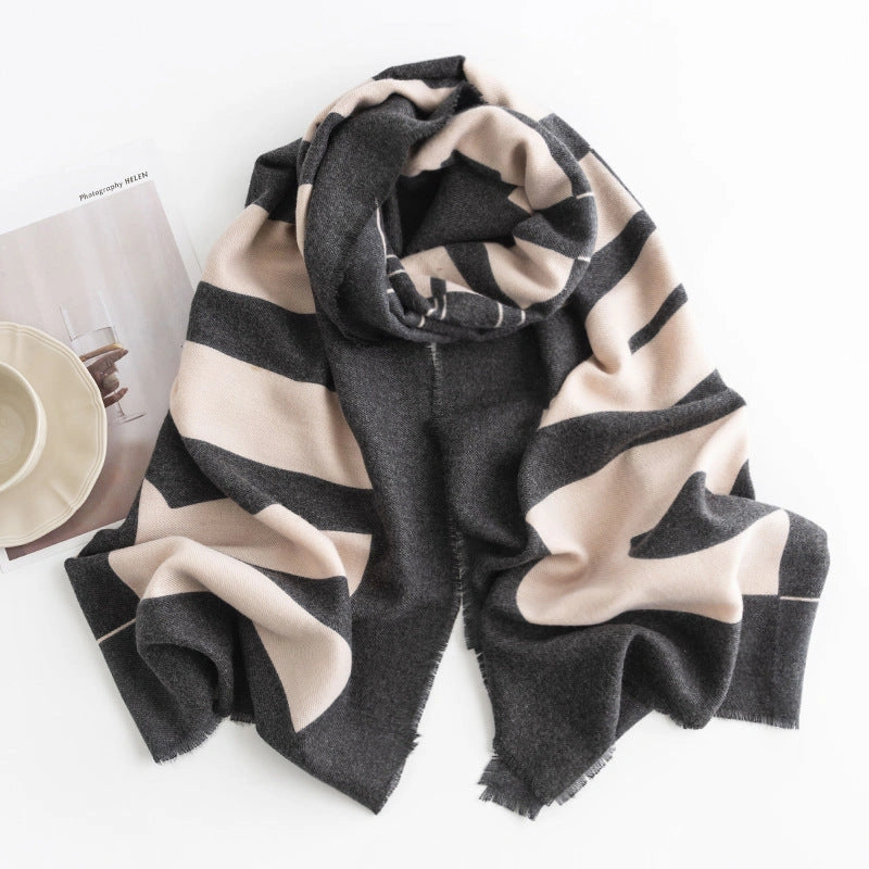 Herringbone Pattern Artificial Cashmere Scarf with Tassel Fringes