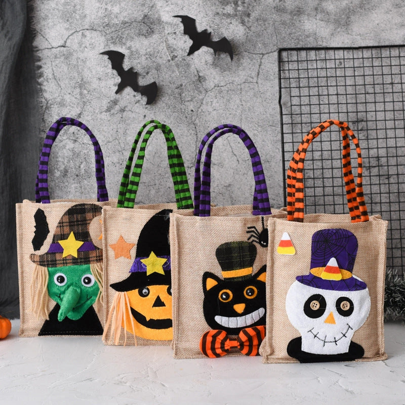 Halloween themed tote bag for kids with fun witch, skull, and pumpkin designs