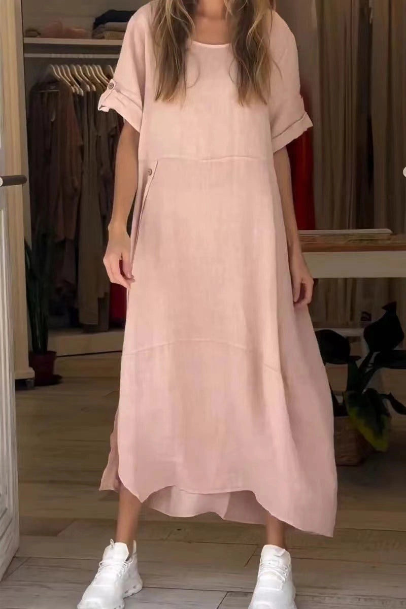 Loose casual short sleeve dress in cotton and linen with 3D effect
