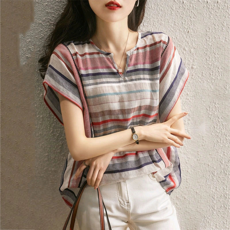 Striped V-neck Cardigan for Women in Loose Fit