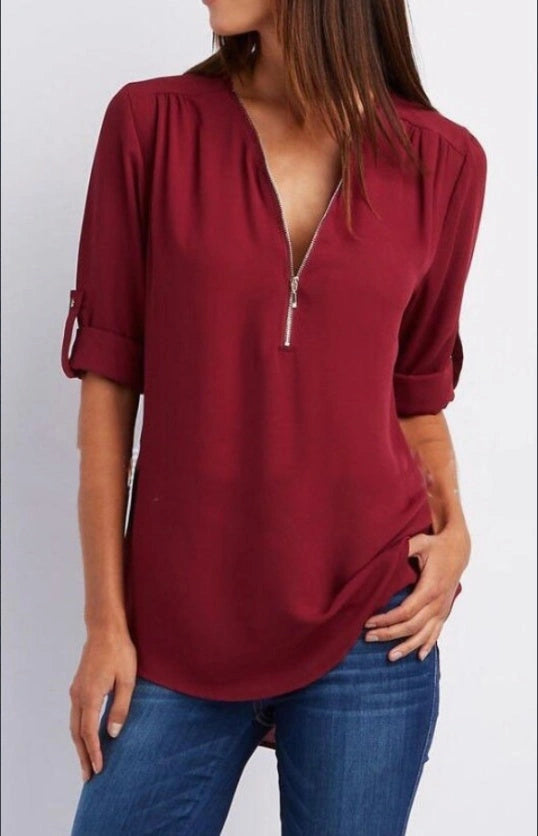Ruched Half Zip V Neck Blouse with Rollable Sleeves