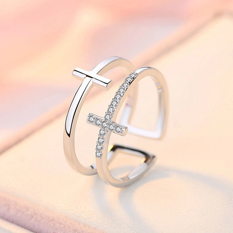 Double Cross Miniature Copper Inlaid Zircon Ring for Women with Adjustable Opening