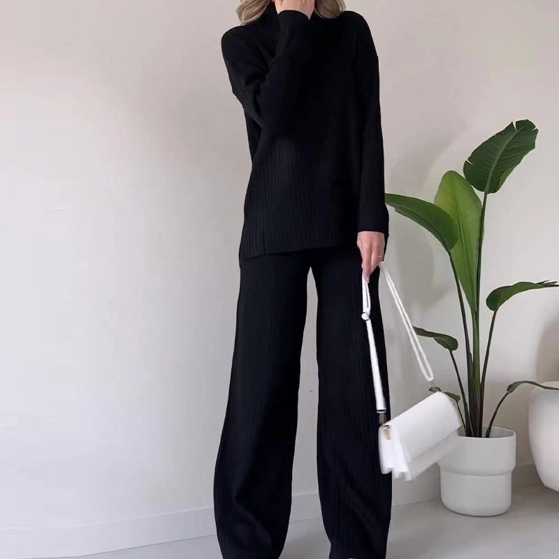Turtleneck Knitted Suit with Loose Split Design and Straight Trousers for Women