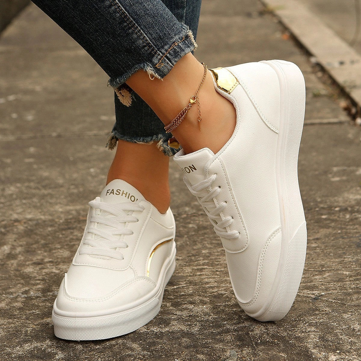 Stylish White Lace-up Flats with Thick Sole for Women