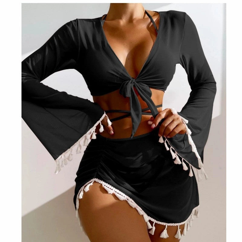 Solid Colour Bikini Set with Short Skirt and Long Sleeve Cover-up