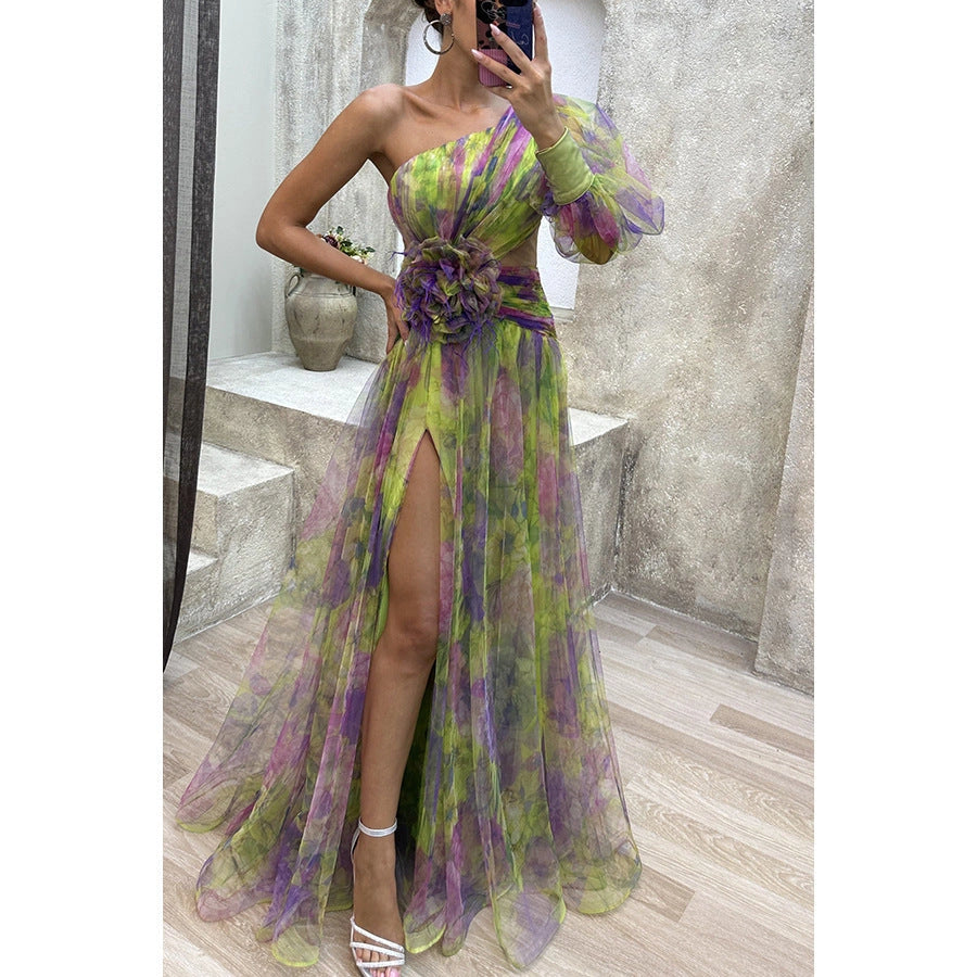 Stylish Mesh Tie-Dye Off-Shoulder Slit Dress for Summer