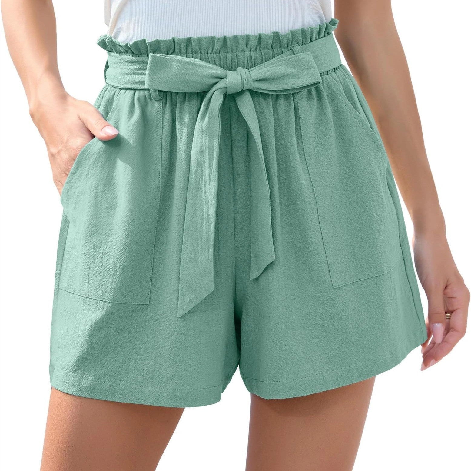 Stylish High Waist Ruffle Bow Tie Shorts with Pockets