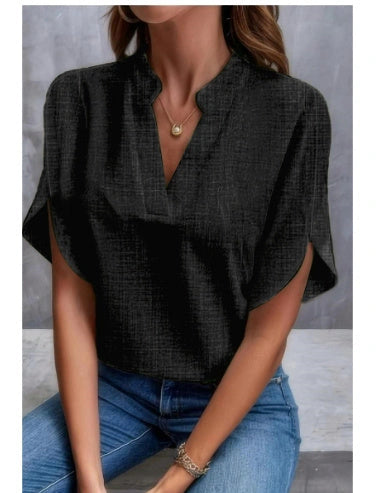Summer Short-sleeved Chiffon Shirt for Women with V-neck Design