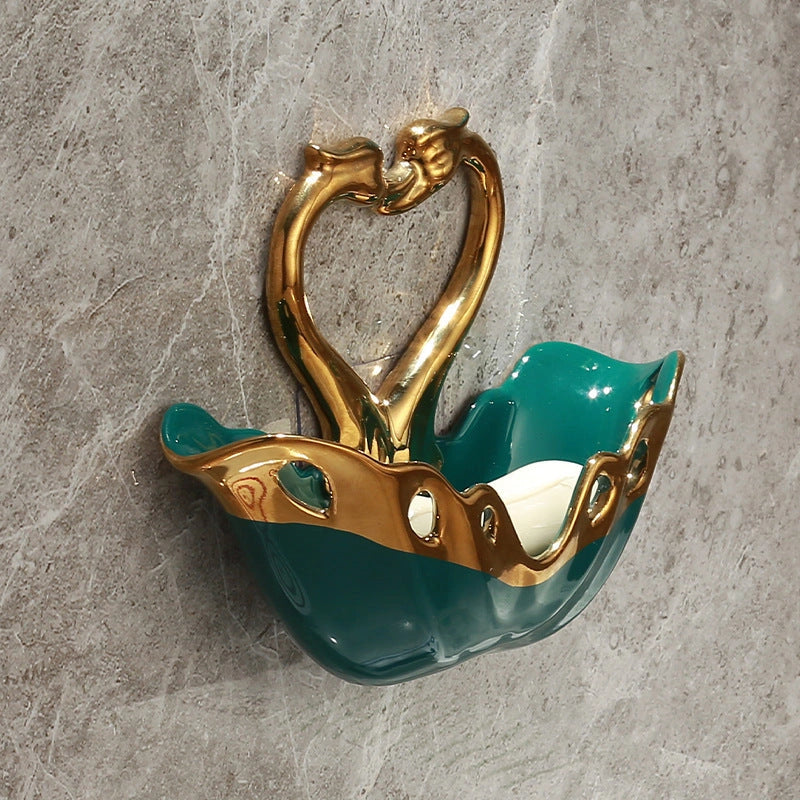 Ceramic Swan Soap Box with Suction Cup for Wall Mounting