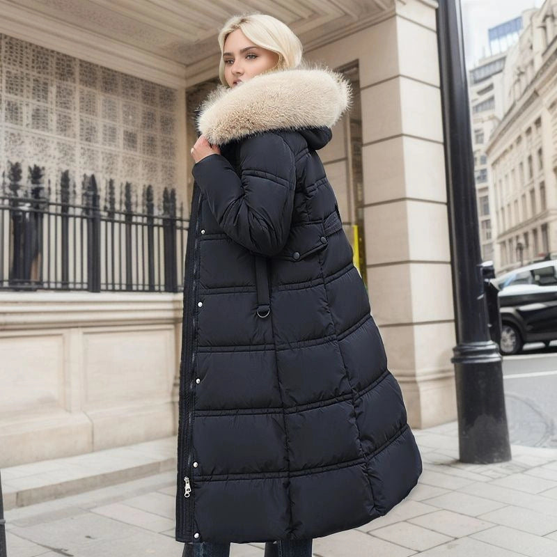 Stylish Women's Winter Coat with Fur Hood and Belt