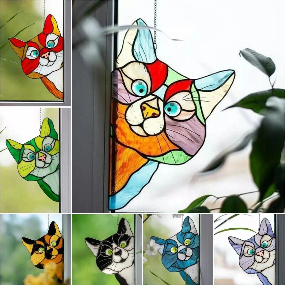 Stained Glass Cat Window Hanger Decoration - Reusable PVC Sticker