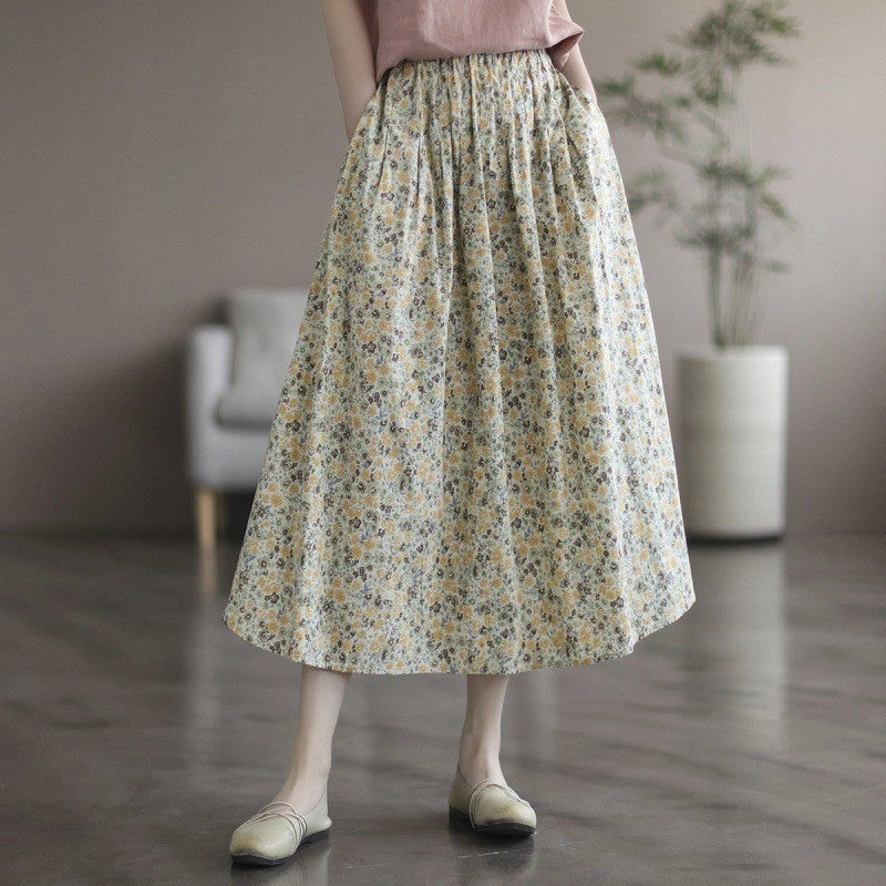 Artistic Floral Washed Cotton Skirt with Urban Leisure Style