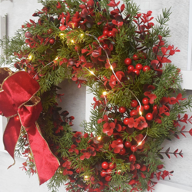 Artificial Cherry Pattern Christmas Wreath with LED Lights for Festive Decor