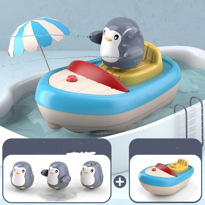 Toddler bath toys with squirting penguin electric boat and 3 penguin sprinklers