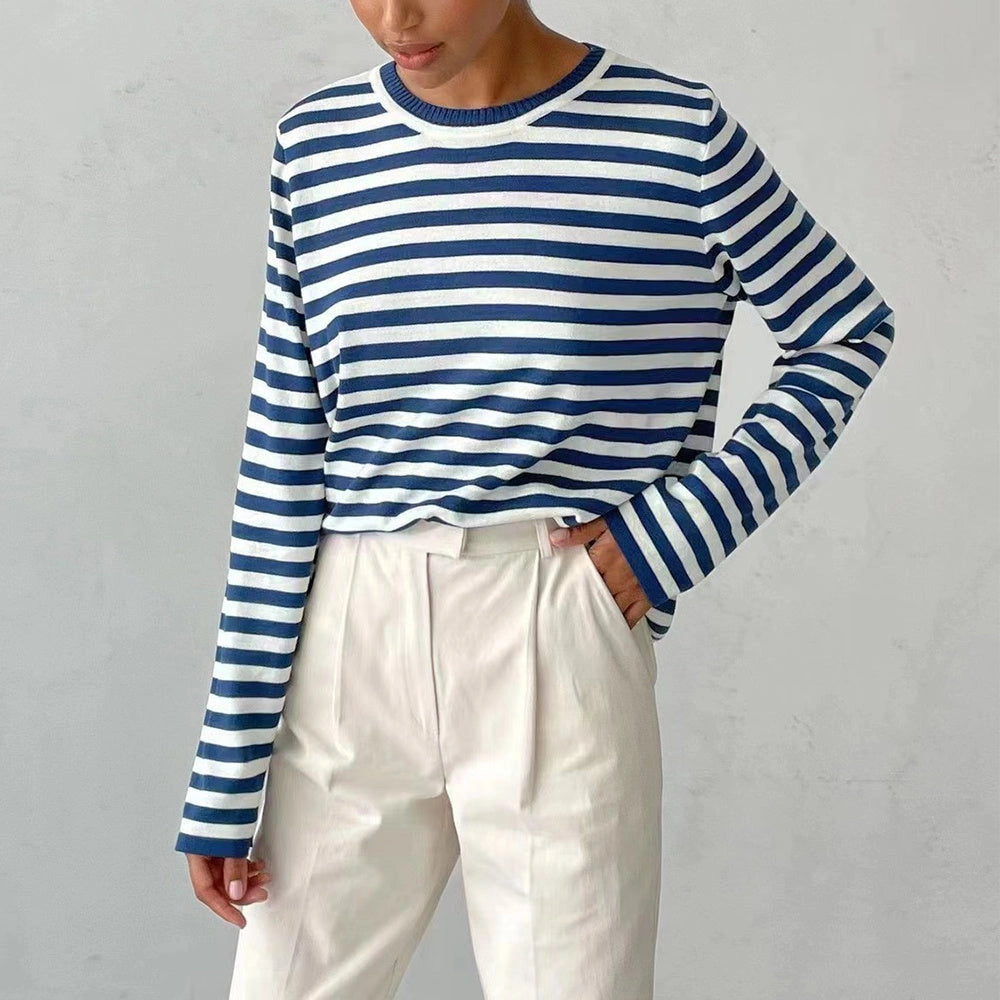 Knitted Striped Long Sleeve Sweater in Polyester with Multiple Colour Options