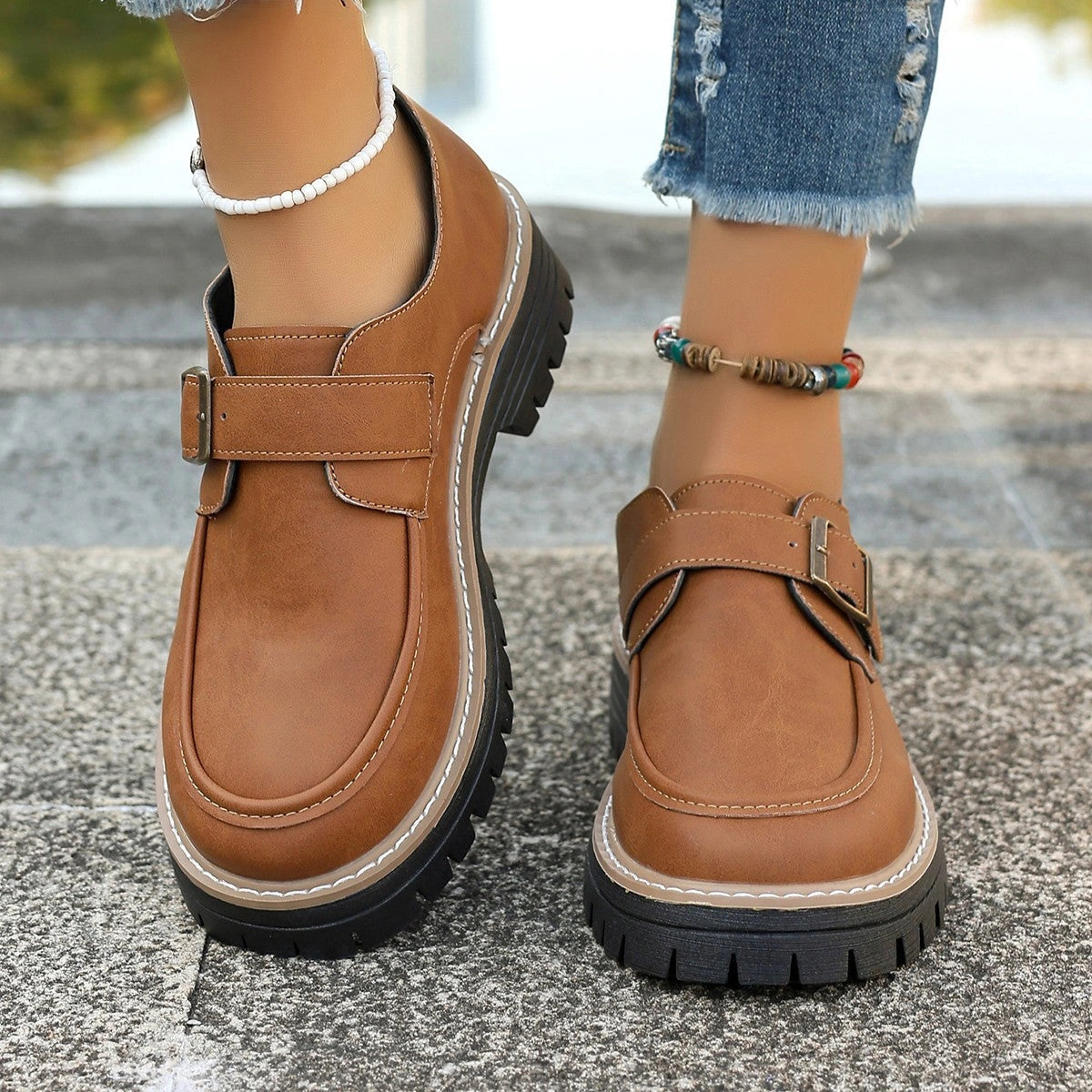 British Style Buckle Loafers for Women with Thick Soles