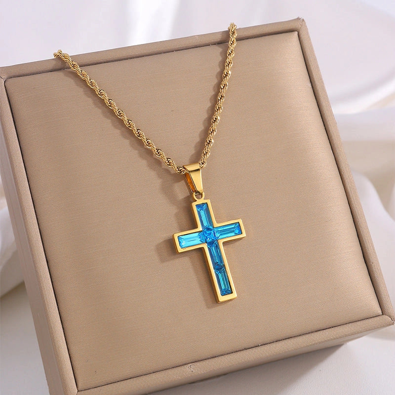 European and American Style Titanium Steel Diamond Cross Necklace