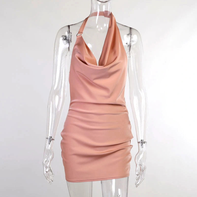 Adjustable Satin Party Dress with V-Neck and Backless Design