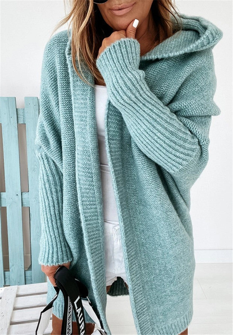 Bat sleeve hooded cardigan in sheep wool blend for women