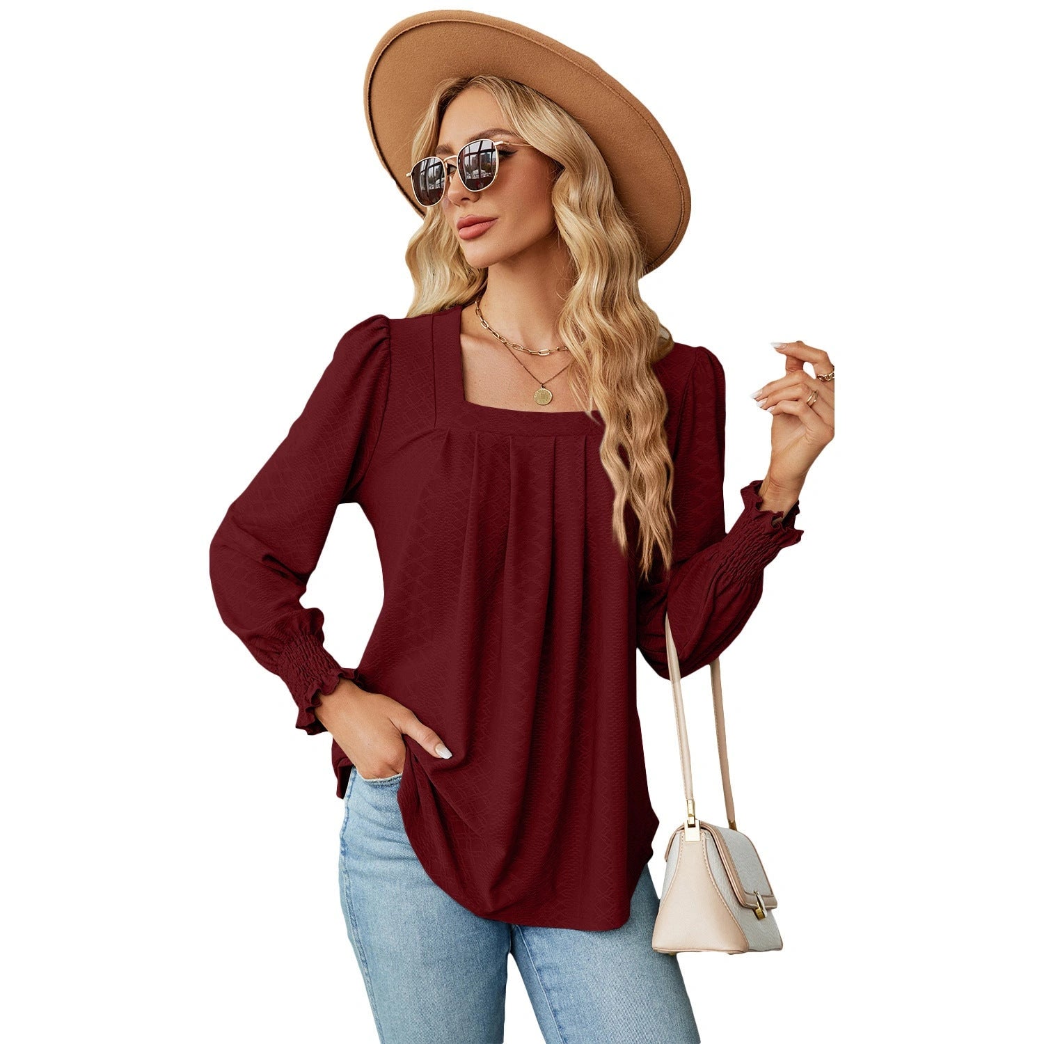 Jacquard Pleated Square Neck T-shirt with Long Sleeves