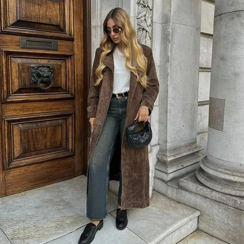Double Breasted Vintage Suede Long Coat with Belt for Women