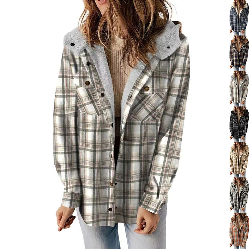 Casual Plaid Hooded Woolen Coat with Thickened Fleece Lining