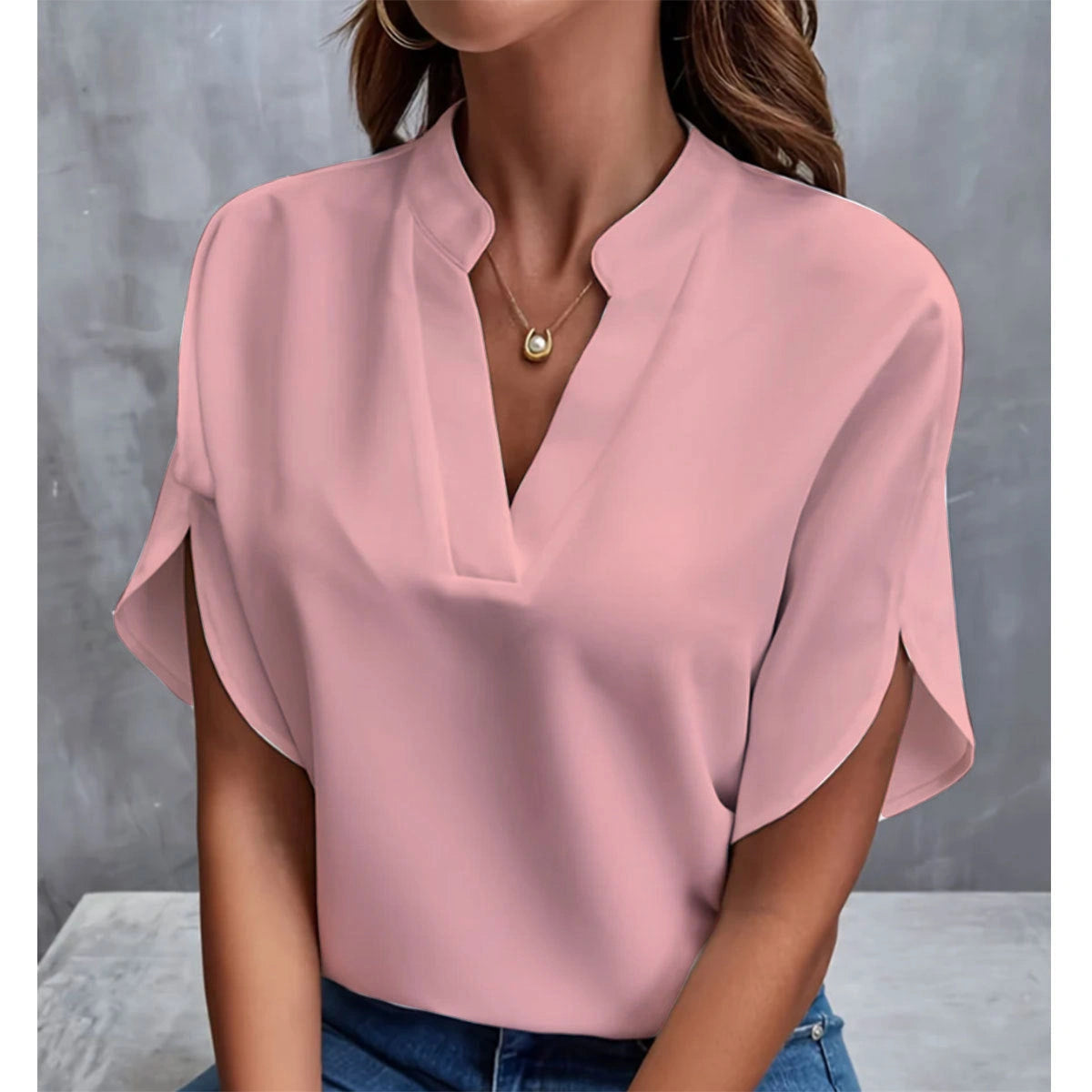 Summer Short-sleeved Chiffon Shirt for Women with V-neck Design