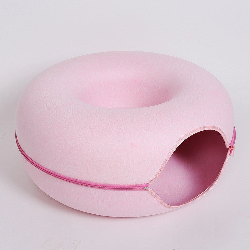 Round Woolen Felt Cat Nest with Dual-use Tunnel for Interactive Play