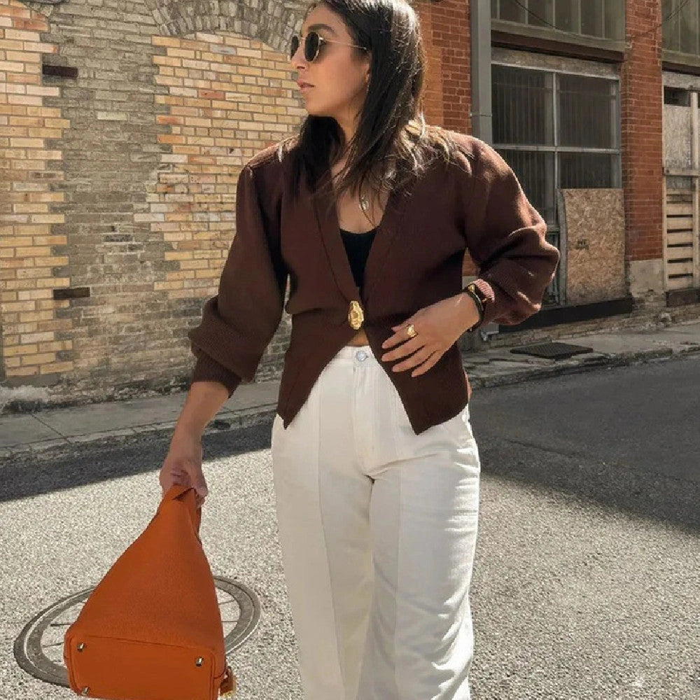 V-neck Button Cardigan Knitted Sweater in Brown and Black for Women