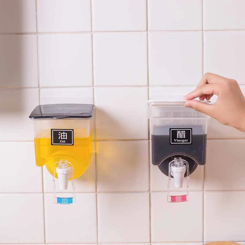 Wall-mounted condiment bottles with press handle for easy pouring