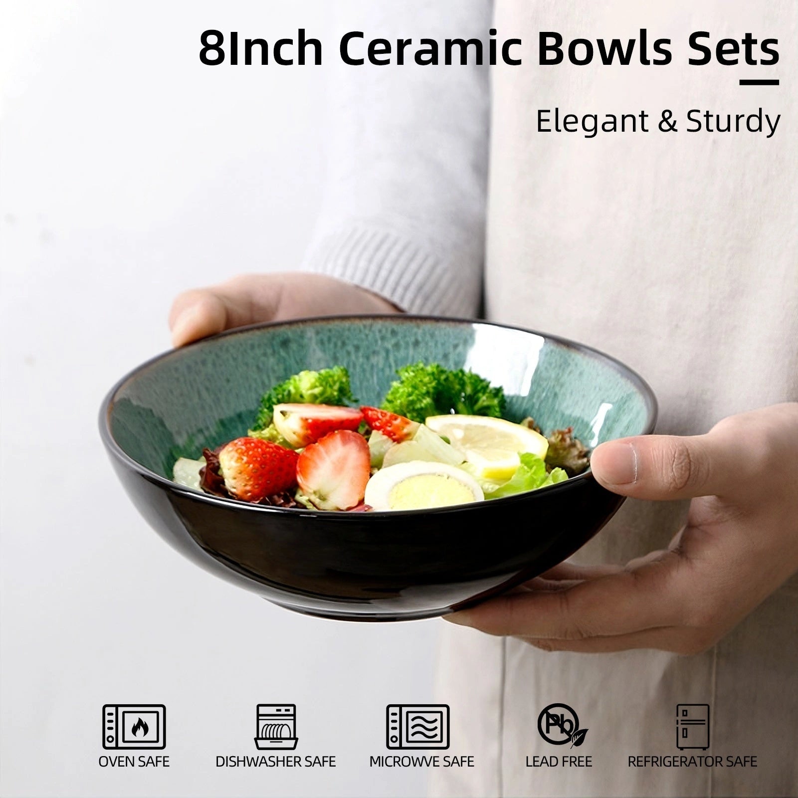 Ceramic Peacock Green Bowl Set, 30oz, Kiln Change Finish, Dishwasher Safe