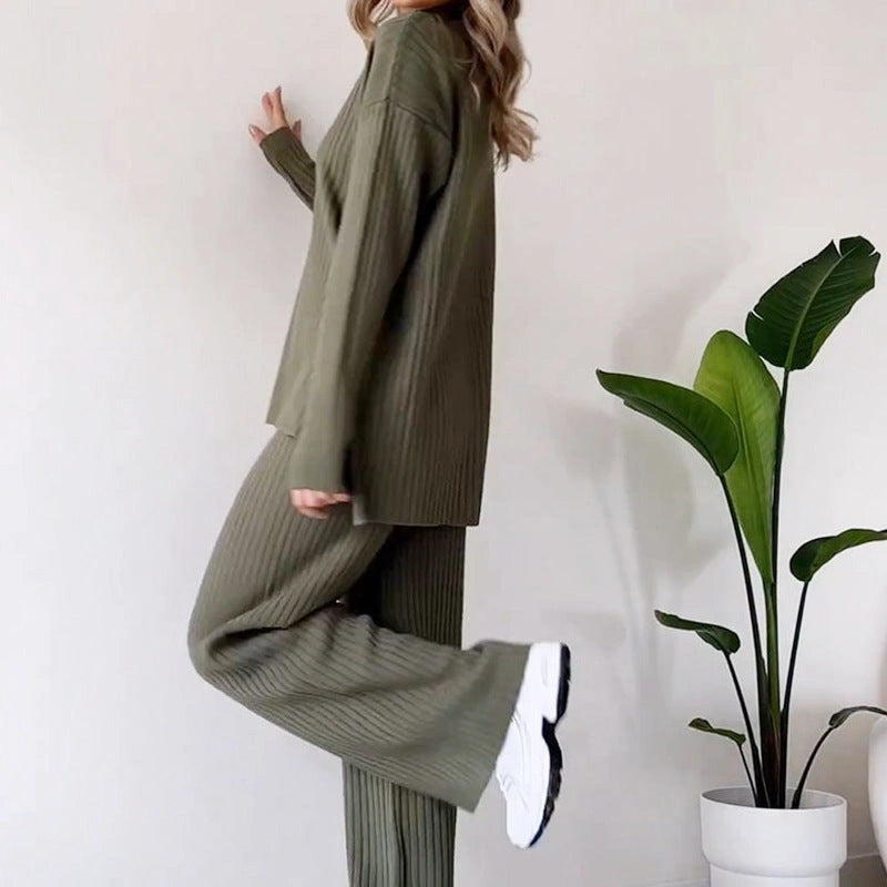 Turtleneck Knitted Suit with Loose Split Design and Straight Trousers for Women