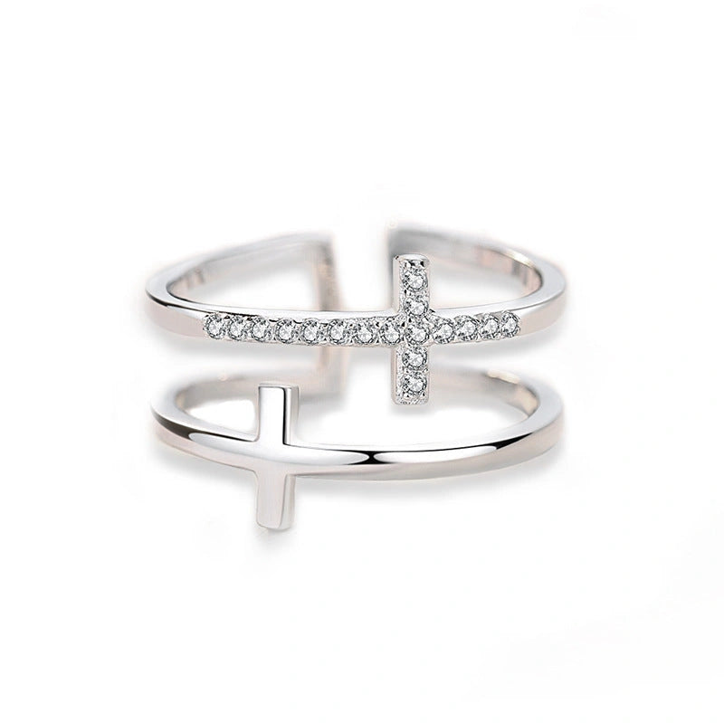 Double Cross Miniature Copper Inlaid Zircon Ring for Women with Adjustable Opening