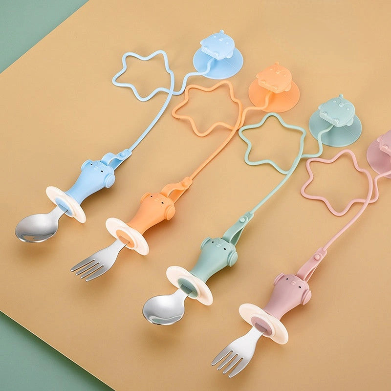 Stainless Steel Infant Training Spoon and Fork Set with Silicone Anti-Drop Chain