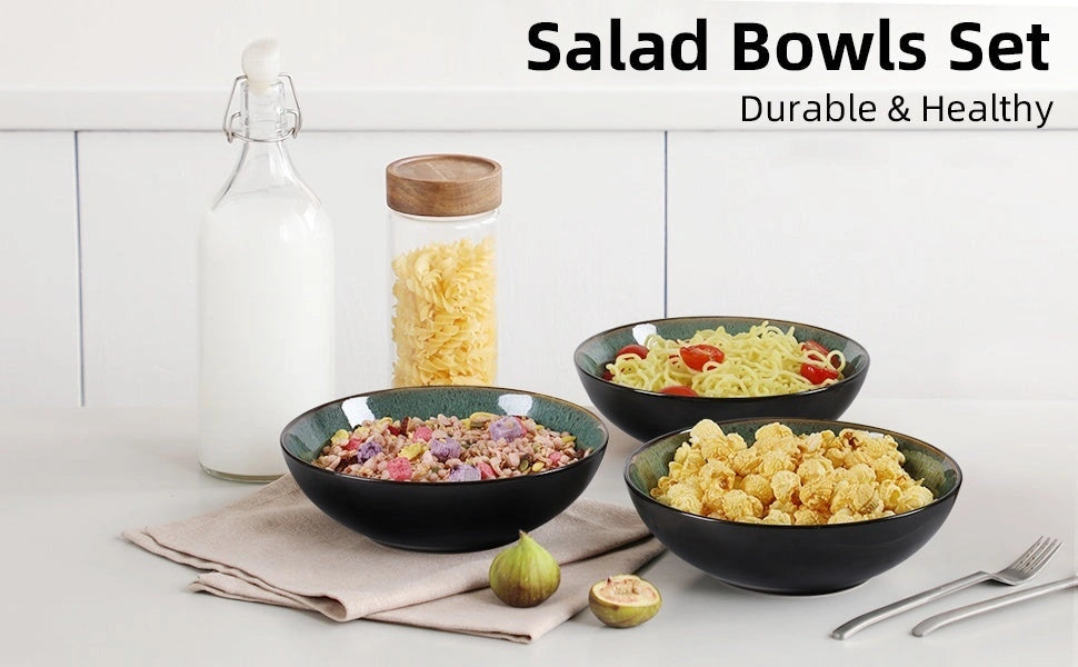 Ceramic Peacock Green Bowl Set, 30oz, Kiln Change Finish, Dishwasher Safe