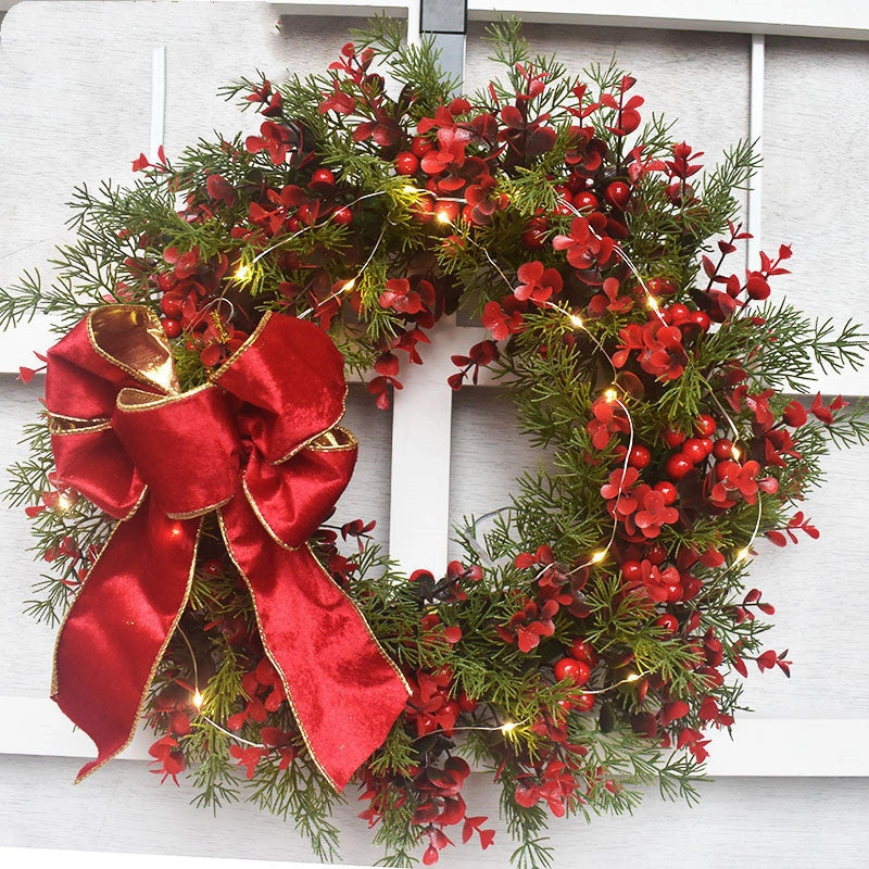 Artificial Cherry Pattern Christmas Wreath with LED Lights for Festive Decor